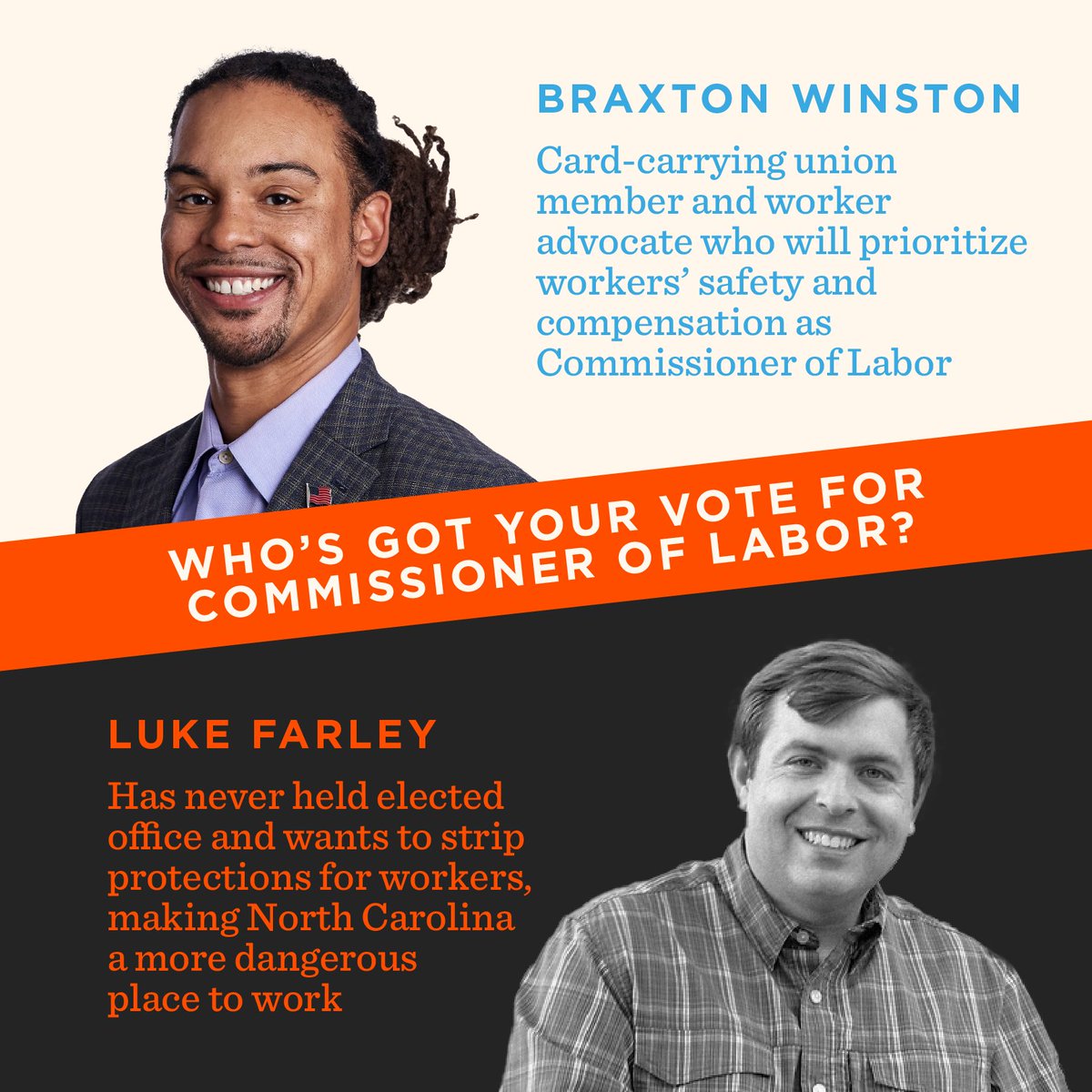 North Carolinians -- this November you have the chance to elect a working person and card-carrying union member as your next Commissioner of Labor. I will be YOUR advocate, not someone who lives in the pockets of companies being investigated by the NCDOL for egregious workplace