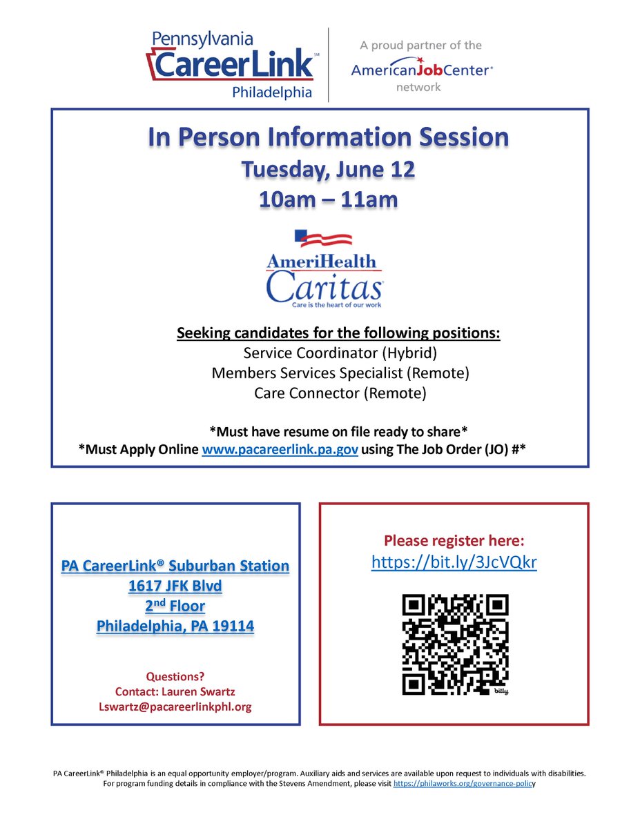 AmeriHealth Caritas is seeking candidates for #ServiceCoordinators #MemberSevices #CareConnector. Please apply through pacareerlink.pa.gov and register for the event here bit.ly/3JcVQkr If you have any questions, please reach out to Lswartz@pacareerlinkphl.org