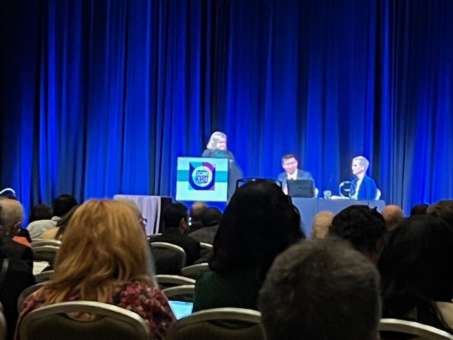 At the @SocietyGIM #SGIM24 annual research meeting, Dr. Katherine Iossi of @vaportland presents during the opening plenary. She discussed teaching med studies clinical & public advocacy skills for firearms injury prevention.