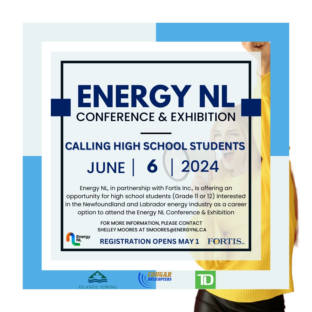 ‼️High School Students‼️

Registration is now open for high school students interested in attending Energy NL’s Conference &amp; Exhibition on Wednesday, June 6. 

Register: energynl.growthzoneapp.com/ap/Events/Regi….

#WeAreEnergyNL #EnergyNL <a href="/NLSchoolsCA/">NLSchools</a>
