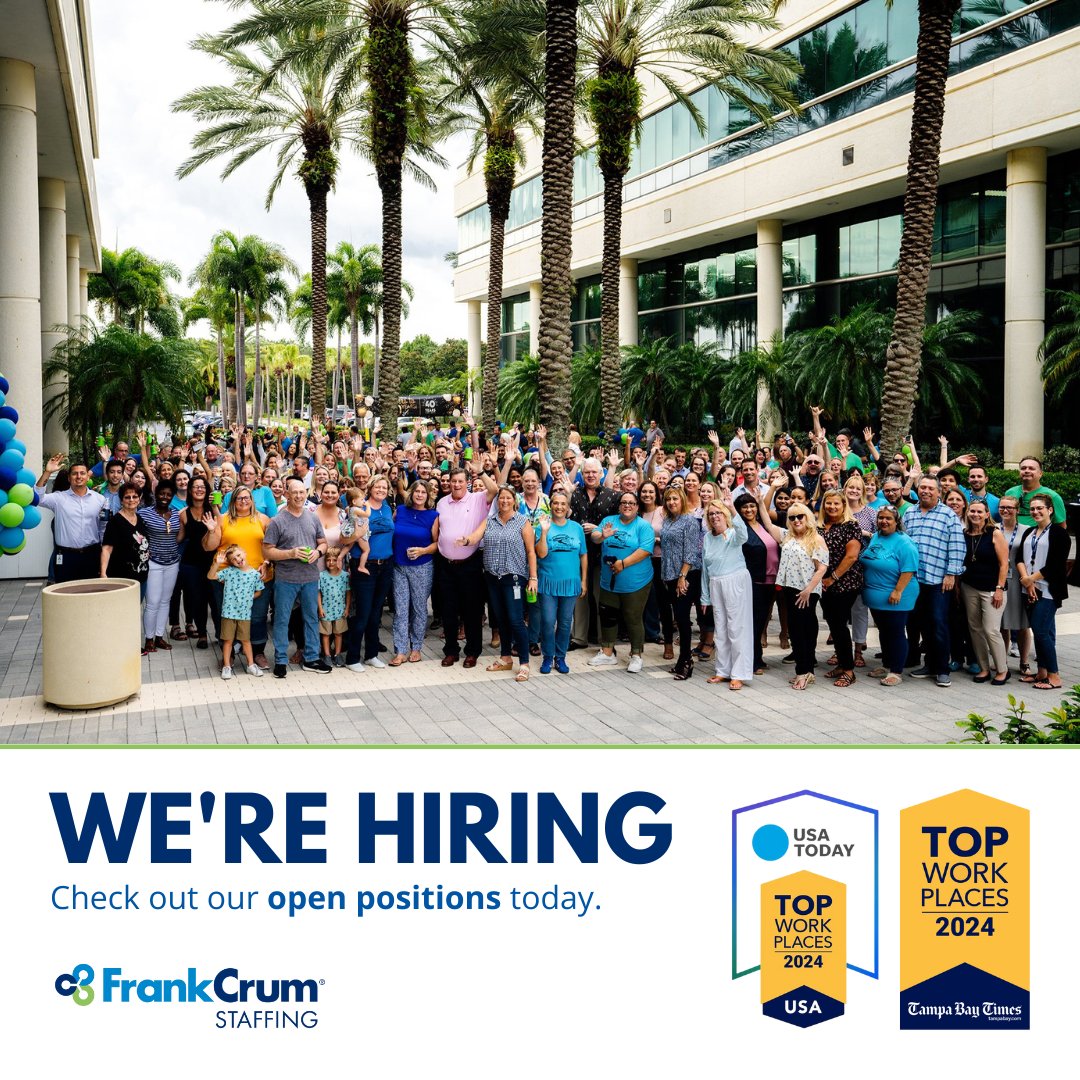 Join our FrankCrum Staffing corporate team! We're now hiring a Branch Manager, Bilingual Recruiters, and Business Development Managers. Take a look at our open positions and apply today: hubs.li/Q02xnP-G0 #NowHiring #TopWorkplace #JobSearch #TampaBay #Clearwater