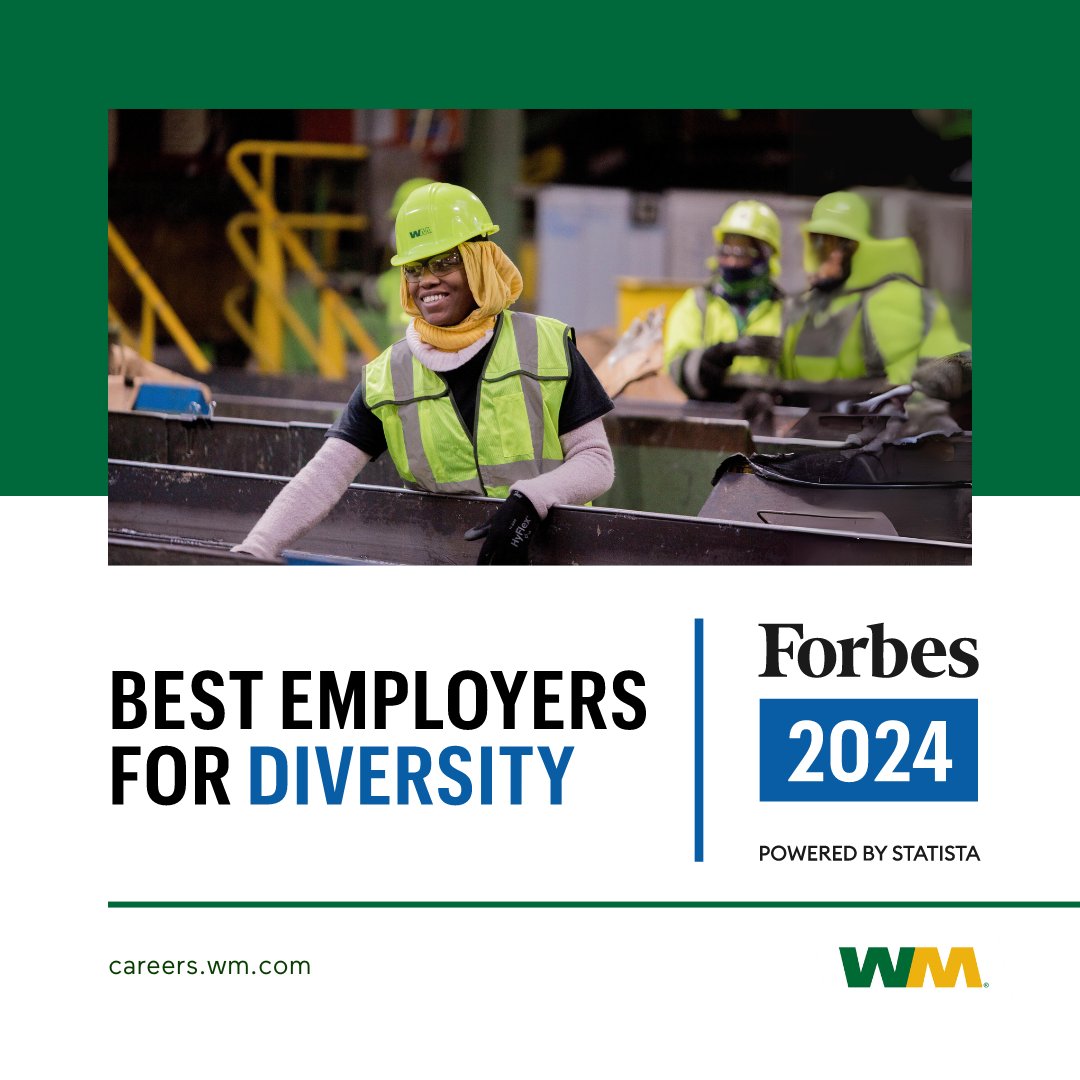 We celebrate diversity of thought and people, which is why we’re honored to have been named one of @Forbes 2024 Best Employers for Diversity for the 3rd year in a row! 

Find your next career at WM: careers.wm.com