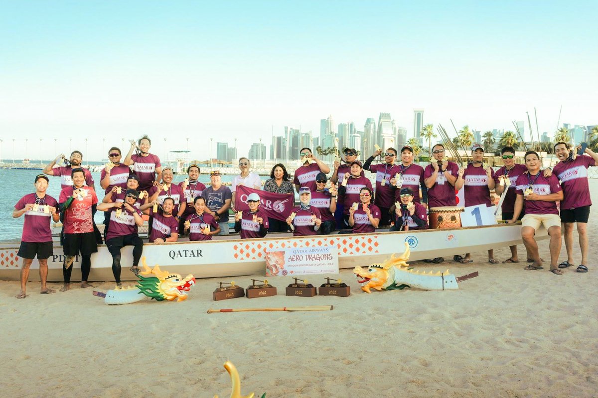 We are the Champions! #QatarAirways Group employees brought back three Champions Gold and one Bronze award after participating in the Dragon Boat Corporate Regatta Qatar Leg 2, 2024 at the Katara Cultural Village beachfront. #GoingPlacesTogether