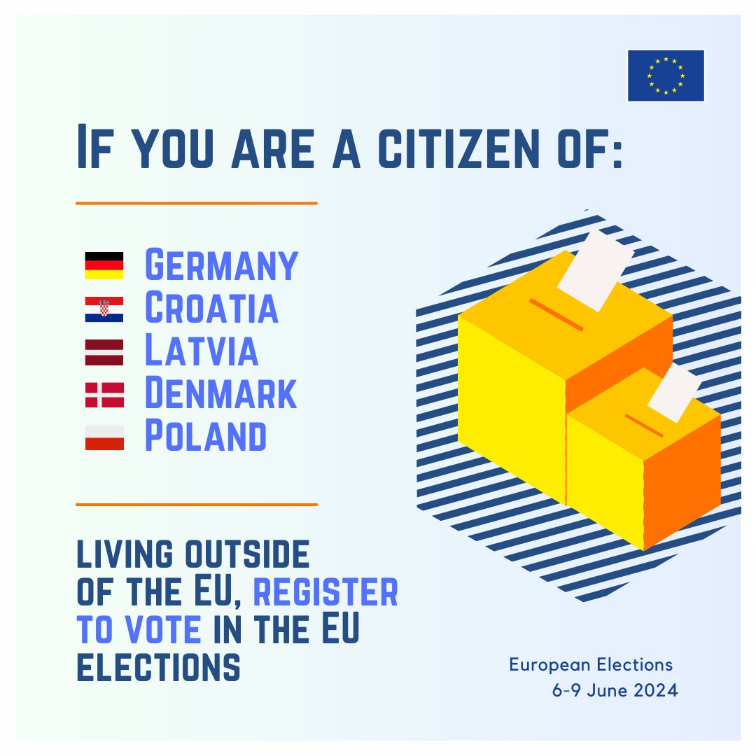 With the #EUelections2024 just around the corner, we call all eligible EU citizens living outside of the EU to register as voter. Upcoming deadlines: 🇩🇪 Germany: 19/05 🇭🇷 Croatia: 30/05 🇱🇻 Latvia: 31/05 🇩🇰 Denmark: 3/06 🇵🇱 Poland: 4/06 More: europa.eu/!bnhXDQ.