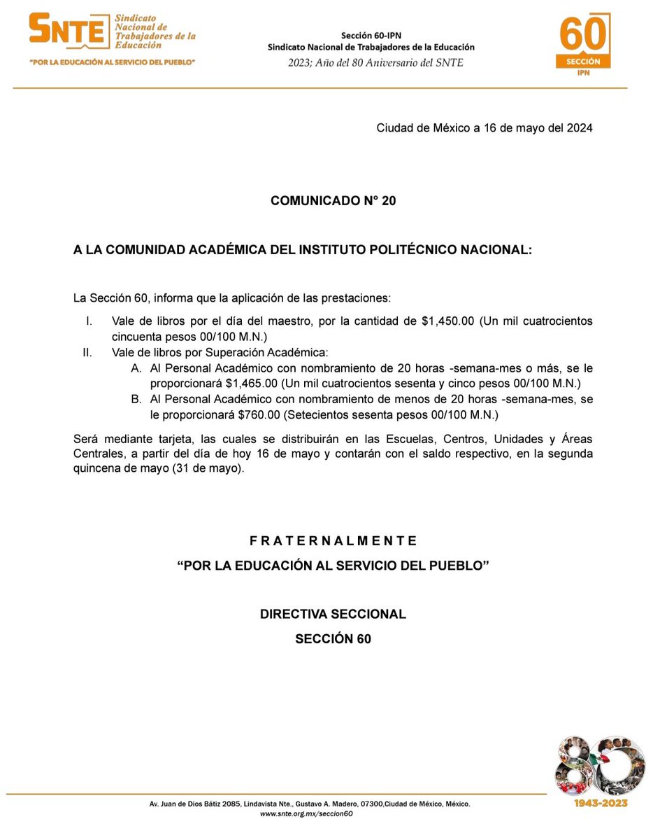 🔴Atención comunidad docente del @IPN_MX 🔴 Se les informa que a partir del día de hoy #16demayo, se iniciará la entrega de la Tarjeta correspondiente a la prestación de 'Vales de libros y Superación Académica' la cual contará con saldo a partir de la 2da. Qna. de mayo. Si