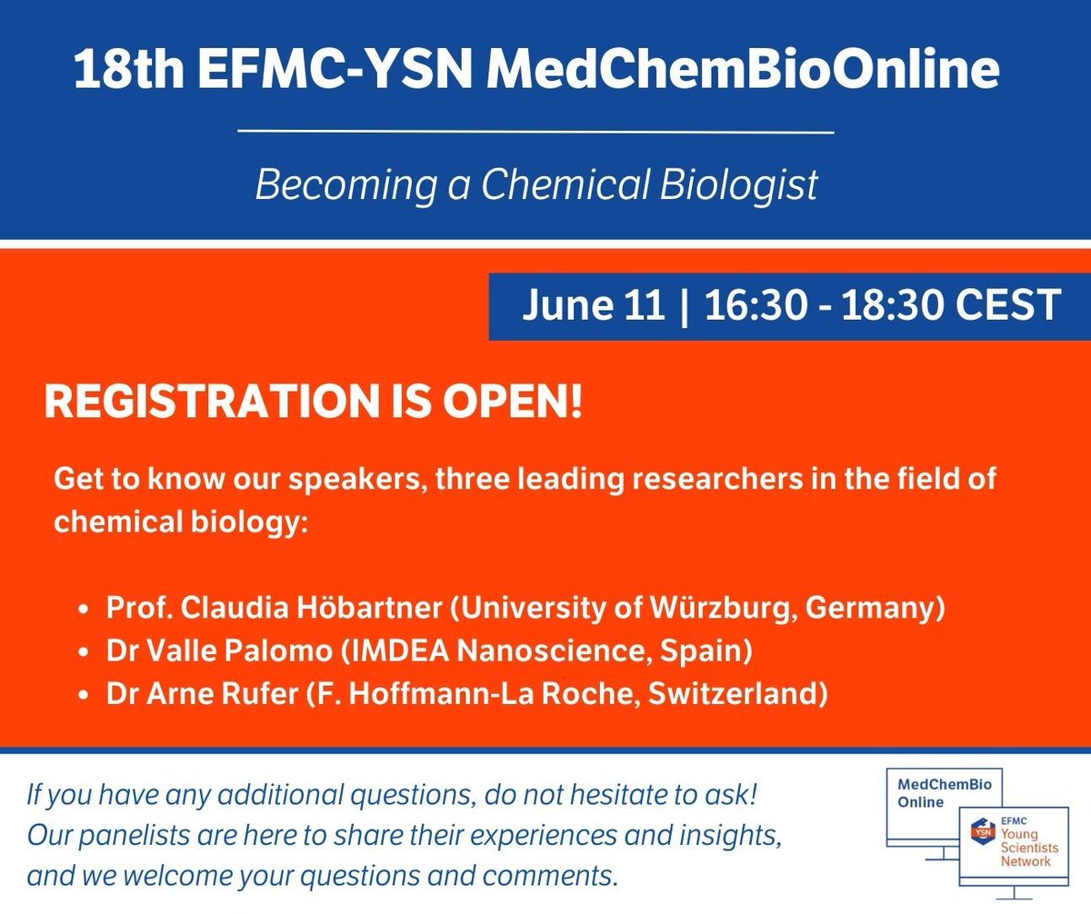 📣 18th EFMC-YSN MedChemBioOnline | Registration is Open! 📅 June 11, 2024 | 16:30 - 18:30 CEST 💻 Virtual Event 🔗 medchembio.online #MedChemBioOnline #EFMCYSN #ChemicalBiology #MedicinalChemistry #EarlyCareerScientists #Webinar