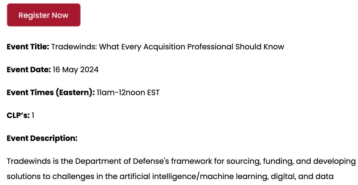 It's here! 
Don't miss today's event hosted by Defense Acquisition University: 'Tradewinds: What Every Acquisition Professional Should Know'!

👉 buff.ly/4aQ2olg
📅 Today, May 16, 2024
⏰ 11 am - 12 noon EST