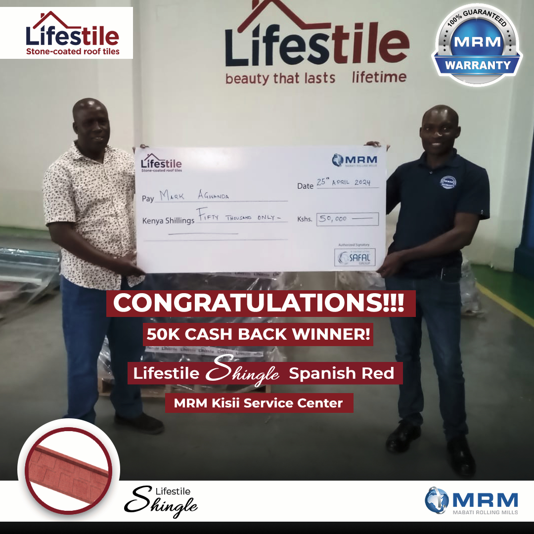 Congratulations to Mark Agwanda, our newest 50K cashback winner! He chose Lifestile Shingle stone-coated roofing tiles to transform his home into a signature home! 🎉 Visit shop.mabati.com and this could be you! T&Cs apply. #MRM #Lifestile #SignatureHome #JuuIkoSawa