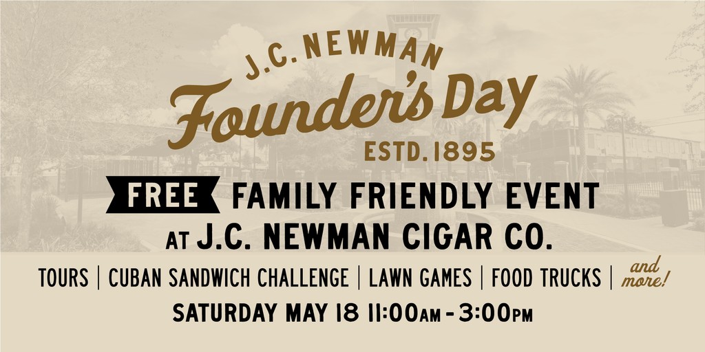 Join us this Sat. 11am-3pm for our 'Founder’s Day' at El Reloj, Tampa, FL! Free tours, cigar museum, live music, food trucks & more. At 1pm, watch Miki Sudo, Nick Wehry & Drew Garabo's Cuban Sandwich Challenge at Cigar Worker's Park. See you there! #FoundersDay #jcnewman