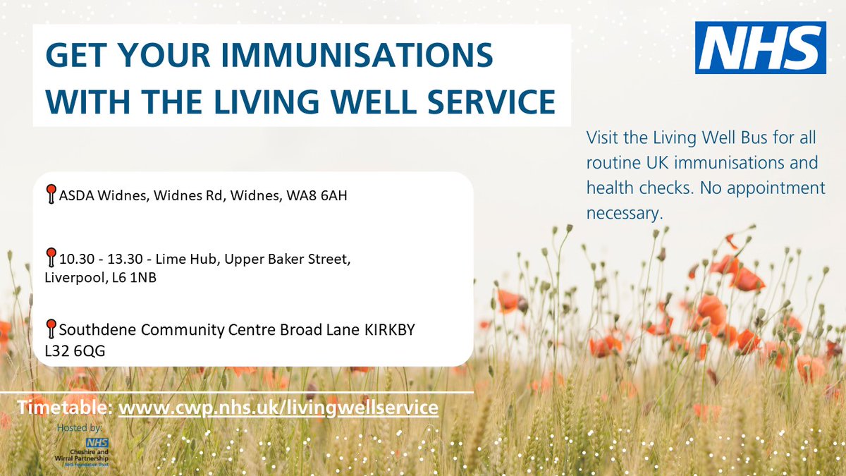 The Living Well Service is in Widens, Liverpool and Kirkby tomorrow (17th May) from 10:30 - 16:00, offering all routine UK immunisations including Covid-19. More dates/locations on our website: cheshireandmerseyside.nhs.uk/your-health/he…