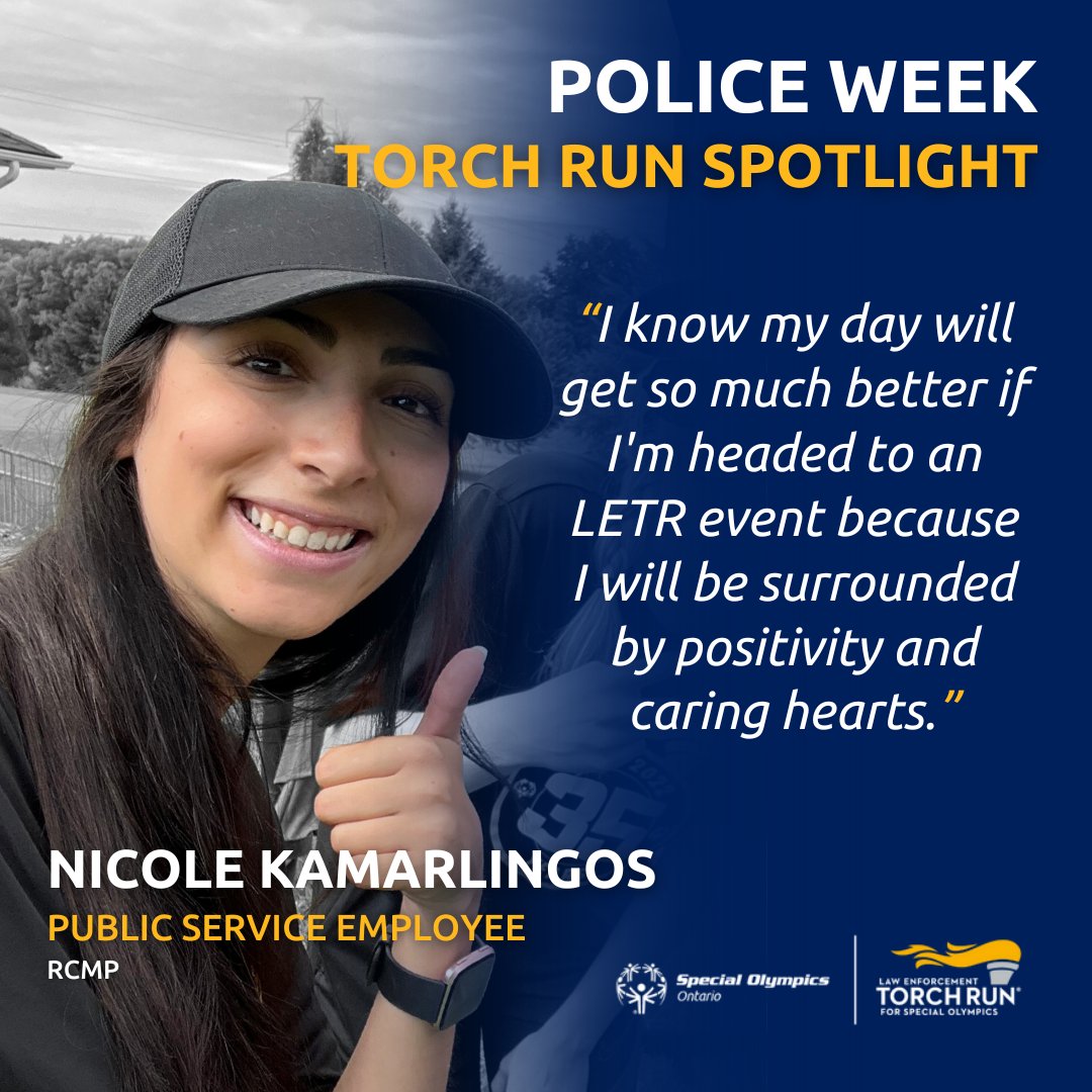 'Joy, friendship, and bravery' is the meaning of Special Olympics to Nicole Karmarlingos. 'No matter the level of skill, these athletes work together and always cheer on one another.' Read more Torch Run feelings from Nicole and others: www1.torchrunontario.com/blog/tag/polic…