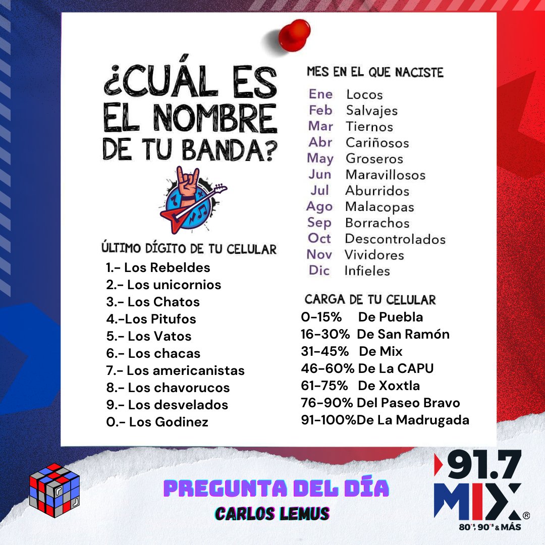 Hoy es el #DíaMundialDelHeavyMetal así que hoy con nuestra formula vamos a dar respuesta a LA PREGUNTA DEL DÍA ¿Cuál es el nombre de tu banda de rock? #PreguntaDelDía #MixFm #Puebla #FelizJueves