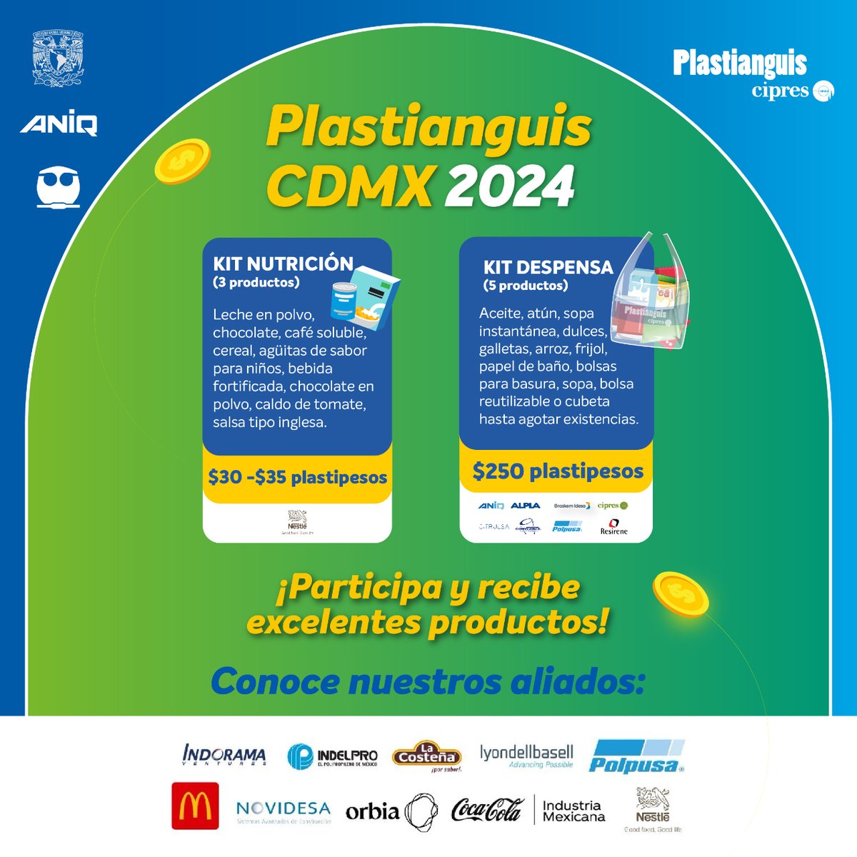 ¿Sabías que tus residuos plásticos pueden canjearse por productos de la canasta básica?​

Tus plastipesos te darán kits. Participa y recibe excelentes artículos.​

¡Te esperamos mañana en Plastianguis!​
​
#Plastianguis2024 #YoReciclo2024 #plastico #reciclaje  #braskemidesa