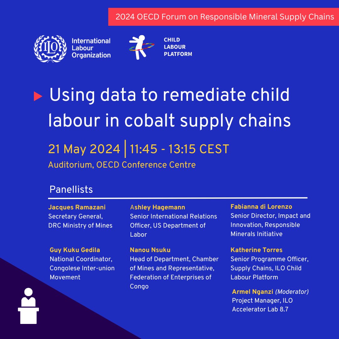 Join the ILO #ChildLabourPlatform at the @OECD Forum on Responsible Mineral Supply Chains for a panel discussion on data, #duediligence and #childlabour remediation in cobalt mining

🗓️ 21 May 2024 | 11:45 CEST 
bit.ly/3wzCm6X 
#EndChildLabour
