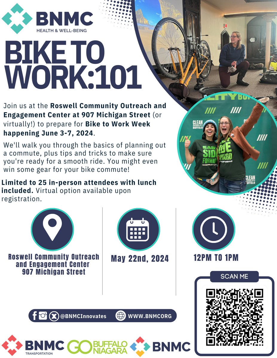 🚲 Join us for our BIKE To Work: 101 Workshop on May 22nd, 12PM-1PM at the Roswell Community Outreach and Engagement Center, or virtually! Register at BNMC.org or scan the QR Code.