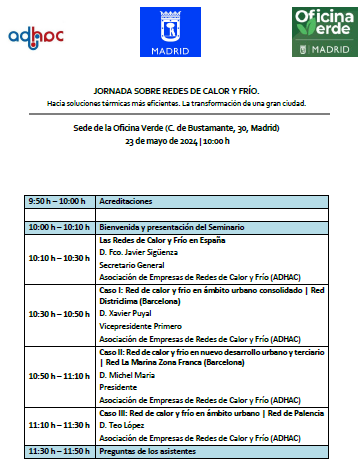 #ADHAC organiza, en colaboración con la #OficinaVerde de <a href="/MADRID/">Ayuntamiento Madrid</a>, unas jornadas sobre redes de calor y frío.

Inscripciones: oficinaverde@emvs.es

📅 Jueves, 23 de mayo
📍 Telemática | Sede de la Oficina Verde - Ayuntamiento de Madrid, en la C/ de Bustamante, 30
⏰ 10:00 h
