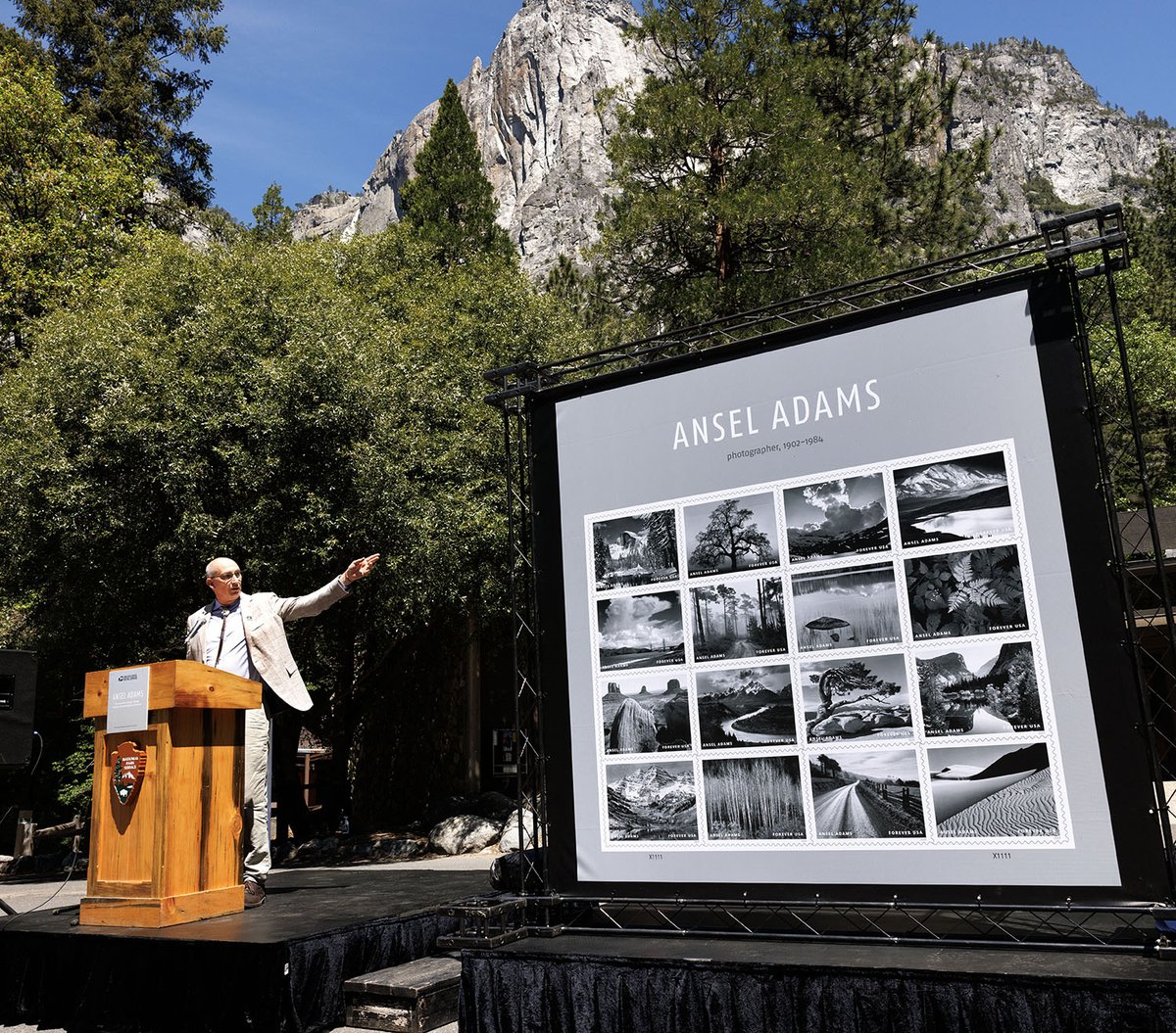 Matthew Adams, grandson of Ansel Adams who runs @TheAnselAdams in @YosemiteNPS, at the dedication of the #anseladamsstamps The sixteen stamps are stunning examples of Ansel's work and a fine tribute to my old friend and master of the art. @CCP_UArizona @gtconway3d @mikebarnicle