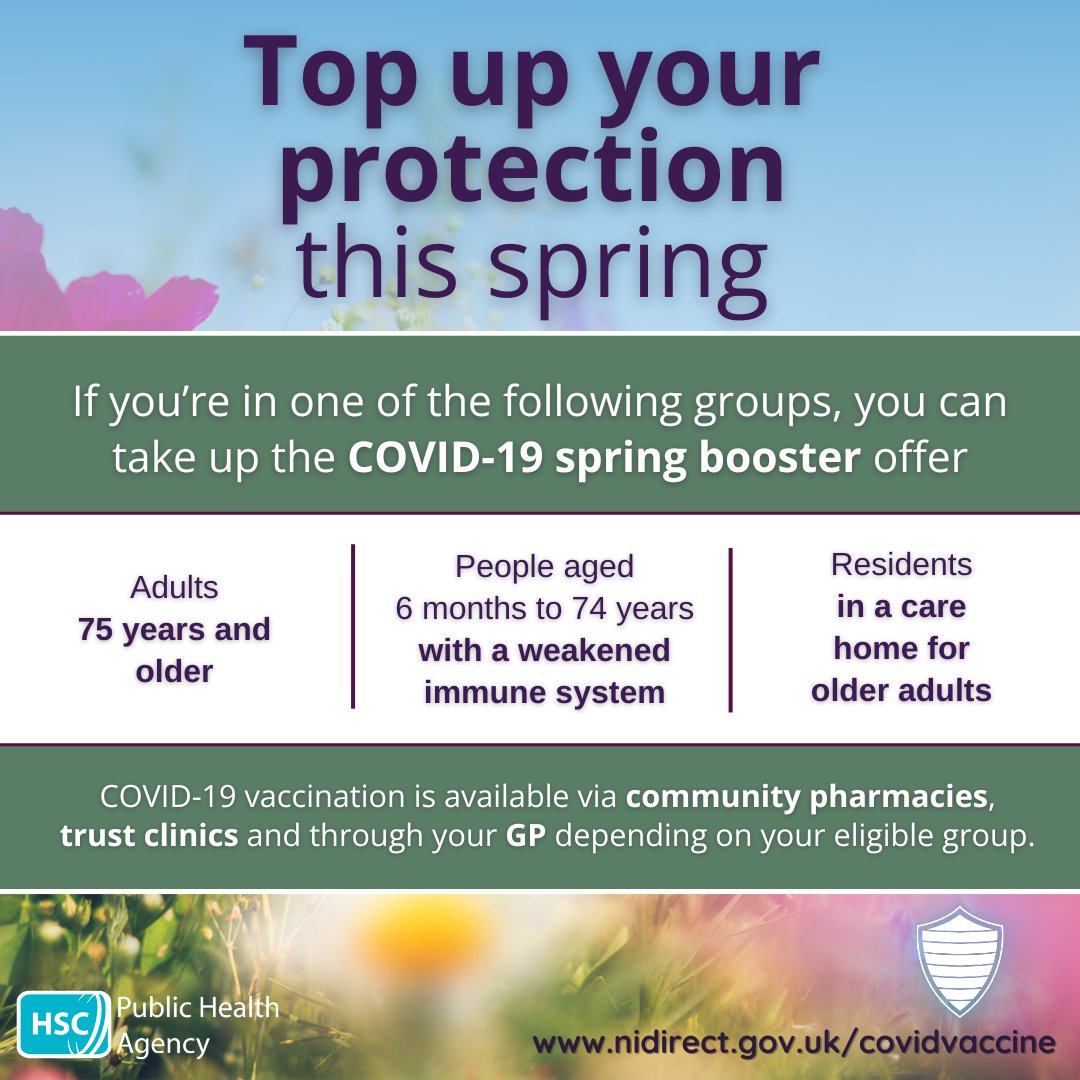 #springbooster💪 In Northern Ireland you will be offered a spring COVID-19 vaccine if you are in a eligible group. Top up your protection, don't wait. Find out more at nidirect.gov.uk/covidvaccine #COVID19vaccine