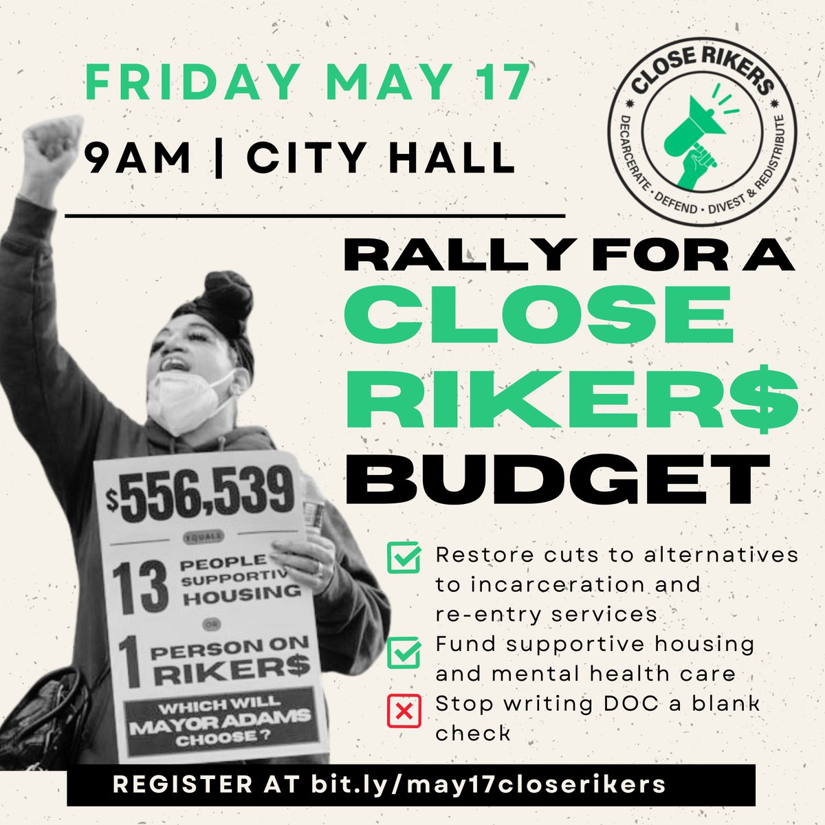 Join us TOMORROW ahead of the City Council Criminal Justice Committee's Executive Budget hearing to rally to #CloseRikers! Elected officials must invest in community resources that will improve public safety and reduce incarceration. Register now: bit.ly/may17closerike…