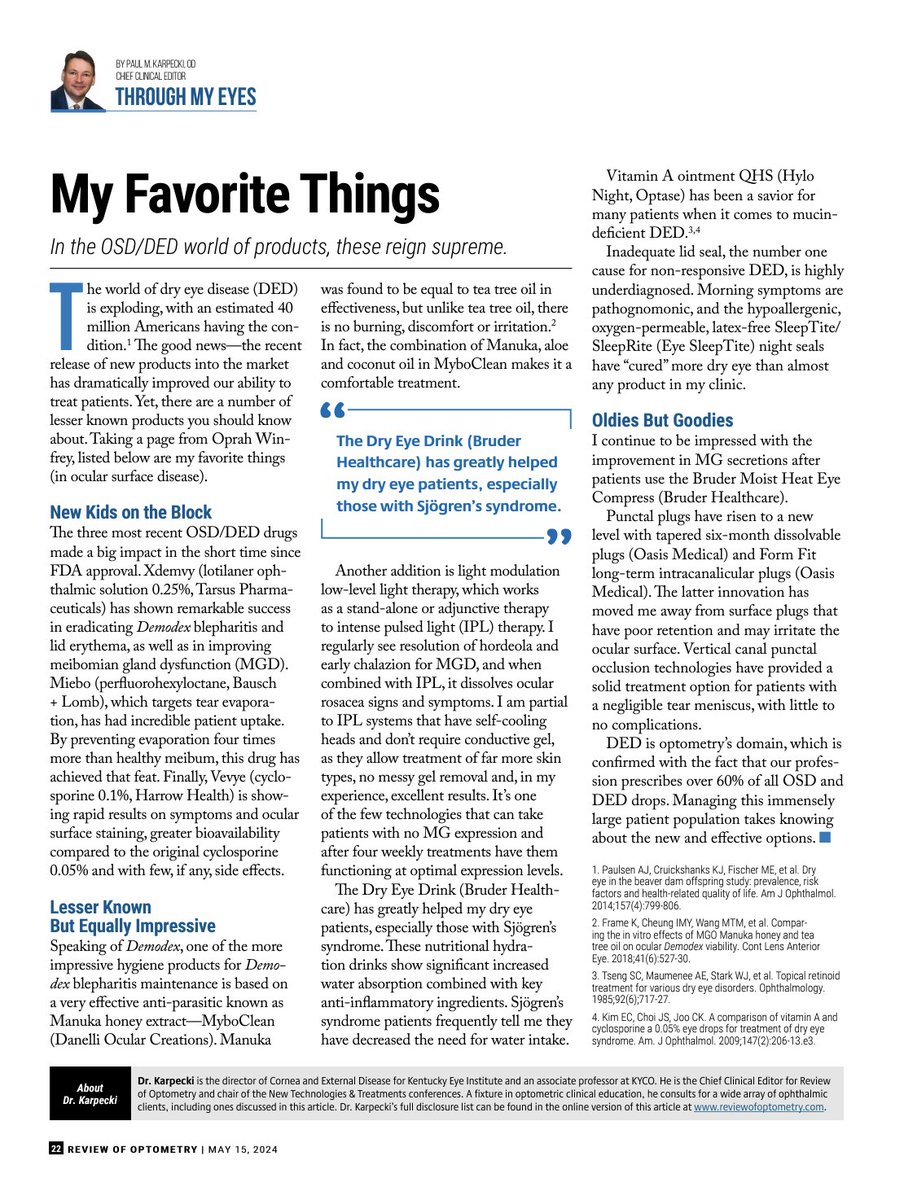 Paul Karpecki, OD, shares his favorite products in ocular surface disease in his latest monthly column, Through My Eyes. Find Dr. Karpecki's top picks here: reviewofoptometry.com/article/my-fav…
#optometry #dryeye #ocularsurface #ocularsurfacedisease