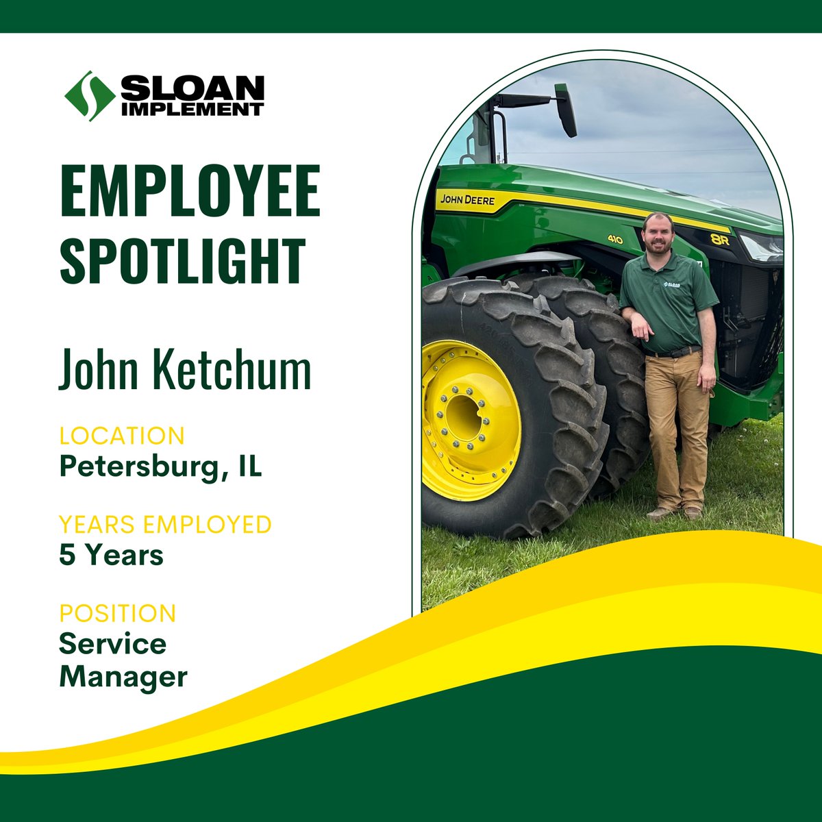 Employee Spotlight! 🌟👏
John started as a Technician in the Service Department and is approaching his 1 year anniversary as Service Manager. John goes the extra mile to serve our customers and technicians in the service shop!
-
#sloans #sloanimplement #johndeere #johndeerecareer