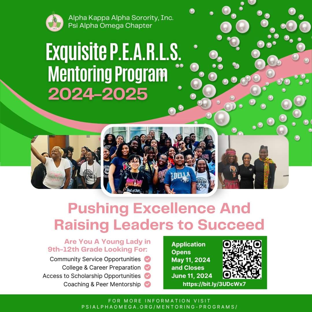The 2024-2025 application is now open for our Exquisite P.E.A.L.S.! Please feel free to share the attached application with your friends with young ladies in the 9th—12th grade who want to participate in our mentoring program. The deadline to apply is June 11, 2024.