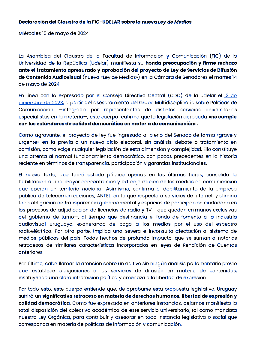 La Asamblea del Claustro de la <a href="/FicUdelar/">ficudelar</a>, integrada por estudiantes, docentes y egresados, resolvió ayer su "firme rechazo" a la nueva legislación por unanimidad.

El documento fue votado tanto por <a href="/ceicofeuu/">CEICo FEUU</a> como por la <a href="/CGUFIC/">CGU FIC</a> (2/2)

udelar.edu.uy/+/leydemedios-…