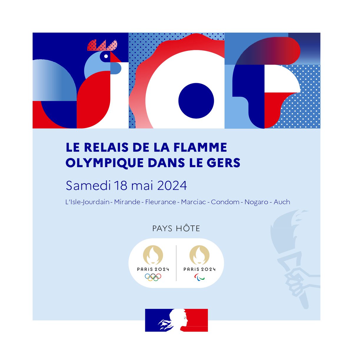 #sécurité | La flamme olympique dans le @LeGers32 J-3

🔥👟 Le Gers accueillera le #RelaisDeLaFlamme ce samedi 18 mai 2024 !

🔎Parcours de la flamme, consignes de sécurité : toutes les informations utiles ici 👉 gers.gouv.fr/Actualites/Pas… 

#àlintérieurDesJeux #EquipeDesFrançais 🇫🇷