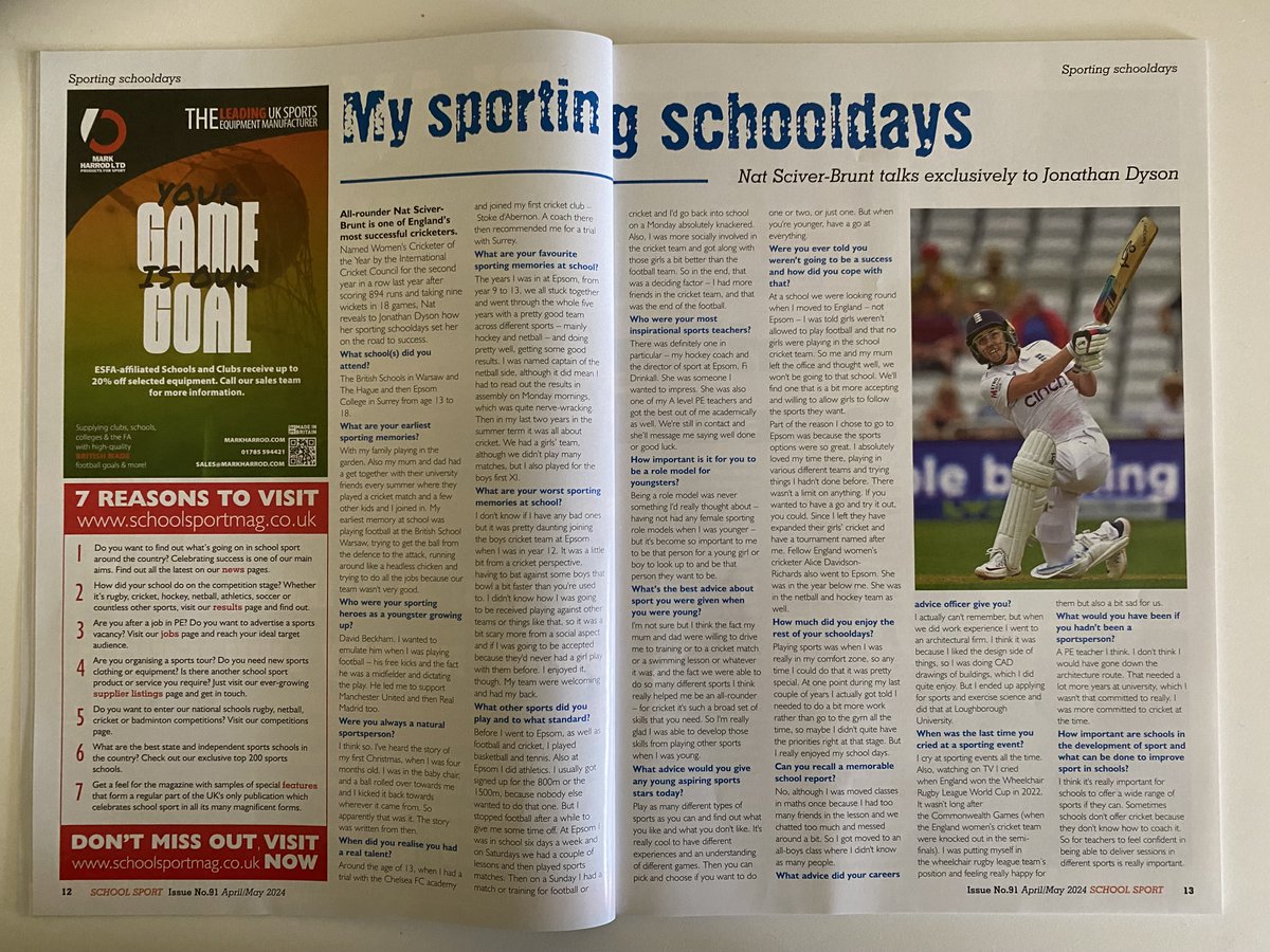 It was an absolute delight and real privilege to interview @natsciver for @schoolsportmag Spoke about growing up in Poland and the Netherlands, playing @EpsomCollegeUK @EpsomC_Cricket and the importance of schools cricket Thanks @emily_liles for making this happen #ENGvPAK