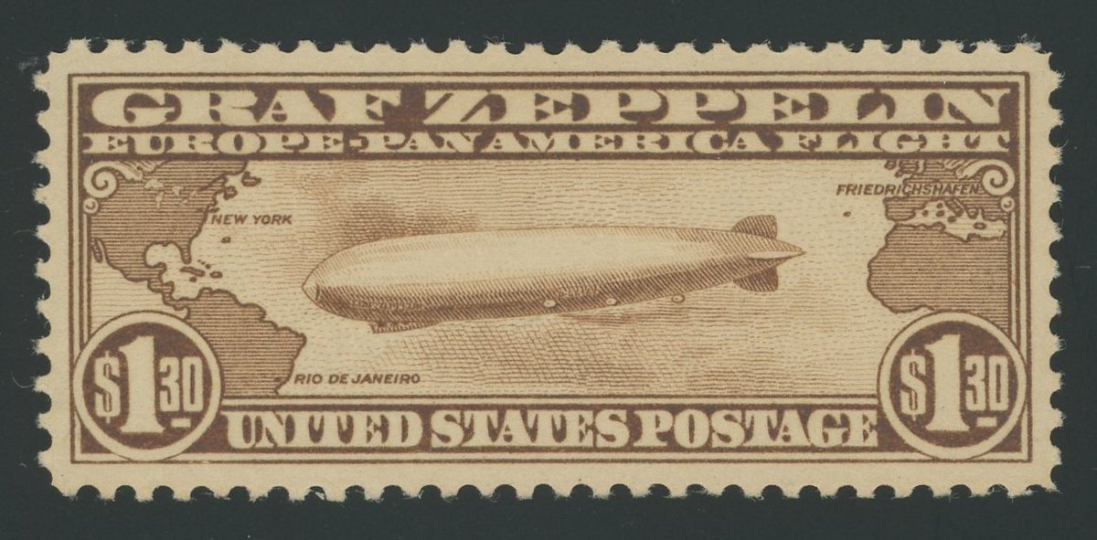 #philately #stamps Stamp of the day.
USA C14 - $1.30 Graf Zeppelin issue of 1930. This stamp, along with C13 & C15 were issued on April 19, 1930 for use on the 1st Graf Zeppelin round trip flight between N. America & Europe and were withdrawn from Post Office on June 30, 1930.