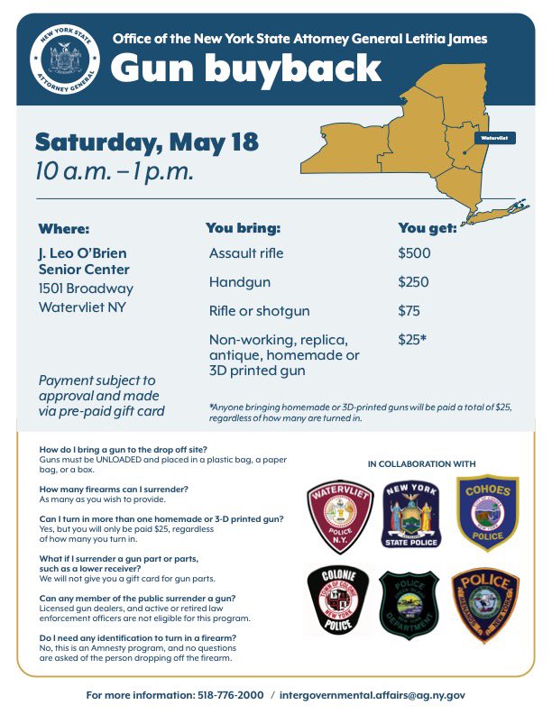 This Saturday, May 18, we're hosting two gun buyback events in Kingston and Watervliet from 10AM-1PM. No ID is needed and no questions will be asked. Join us: