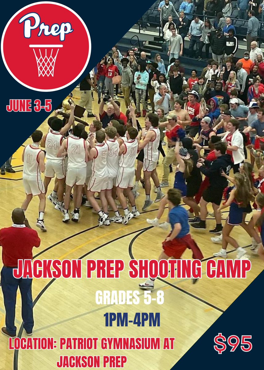 🚨JP SHOOTING CAMP🚨

🏀 Come join Coach Allison and the Jackson Prep basketball team at shooting camp this summer! 

📆 Dates: June 3-5
⛹🏽‍♂️ Grades: 5th-8th
⌚️ Time: 1pm-4pm
📍 Location: Patriot Gymnasium 
💰 Price: $95

Register at jacksonprep.net/camps 

#PrepFamily
