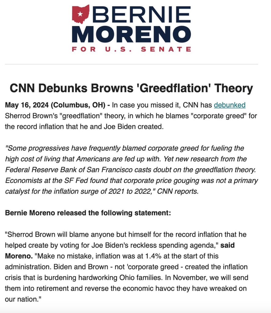 Sherrod Brown is currently running a TV ad where he blatantly lies to Ohioans about the cause of rising prices. Like a true 50 year career politician, Sherrod refuses to ever take responsibility for his inflation causing votes in support of Joe Biden's leftwing agenda.