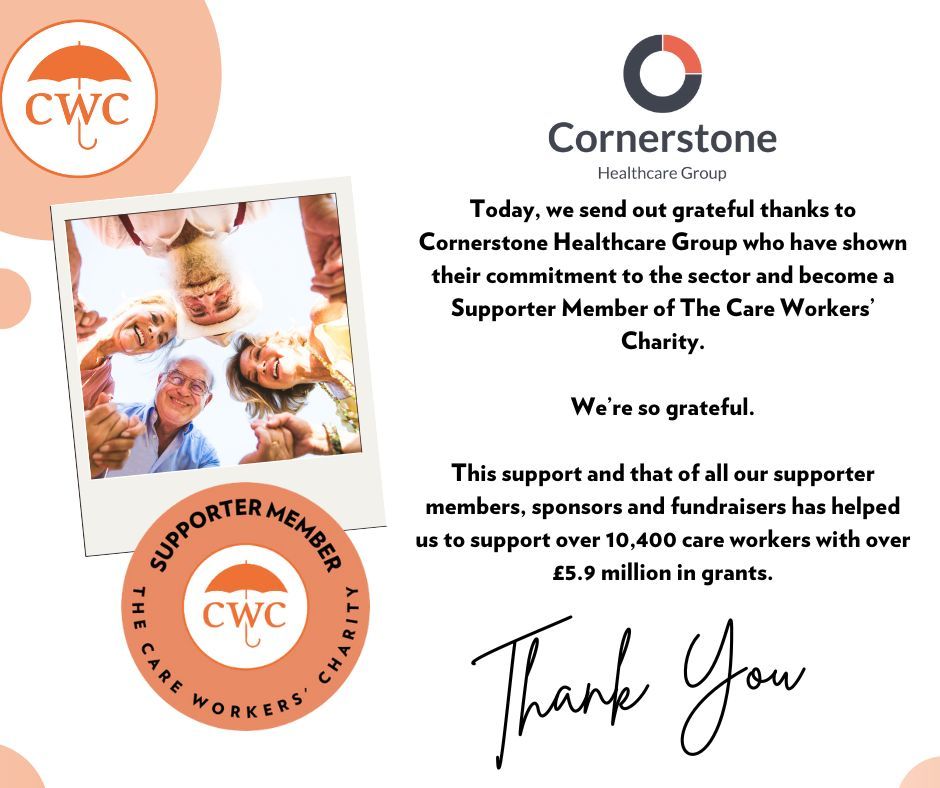 🎉Our grateful thanks goes out to #CornerstoneHealthcareGroup who have shown their commitment to the sector and renewed as a Support Member of The Care Workers’ Charity 😍 We’re so thankful #ThankYou #SupporterMember #CareProviders #CareWorkers #ThankYouThursday