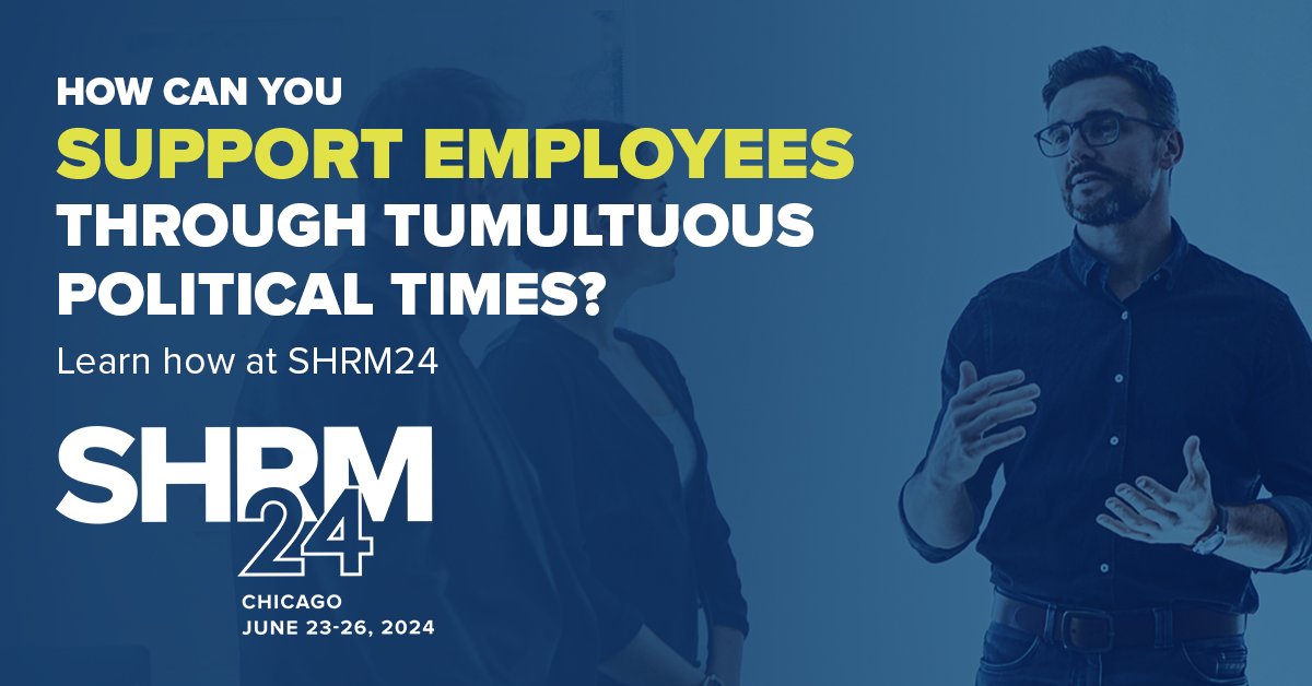 Ready to tackle the challenges of today's political landscape? At #SHRM24, dive into workshops designed to hone your skills in navigating turbulent times while fostering a supportive workplace environment. shrm.co/97c7ho