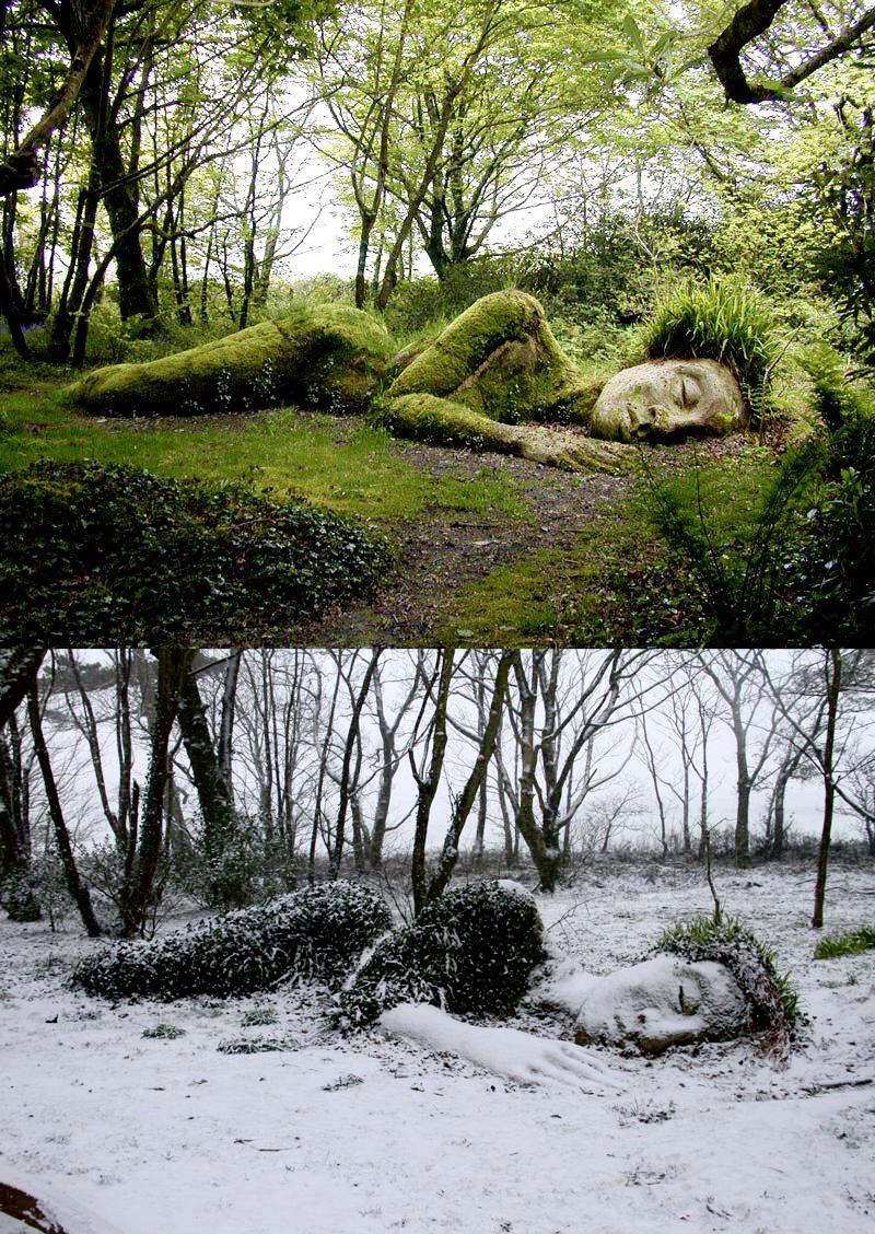 26. The Mud Maid by Sue Hill, located in the Lost Garden of Heligan, Cornwall, UK. Depending on the time of the year, the mud maid’s hair and clothes change when the seasonal plants and moss grow over the sculpture.