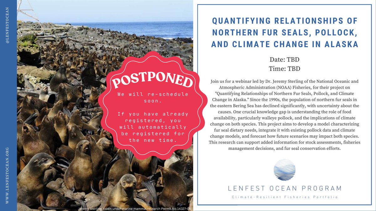 The 'Quantifying Relationships of Northern Fur Seals, Pollock, & Climate Change in Alaska' webinar is postponed. New date is TBA. Registered attendees will be re-registered. The June 26 webinar on Chinese fisheries & climate change will proceed as planned. us02web.zoom.us/webinar/regist…