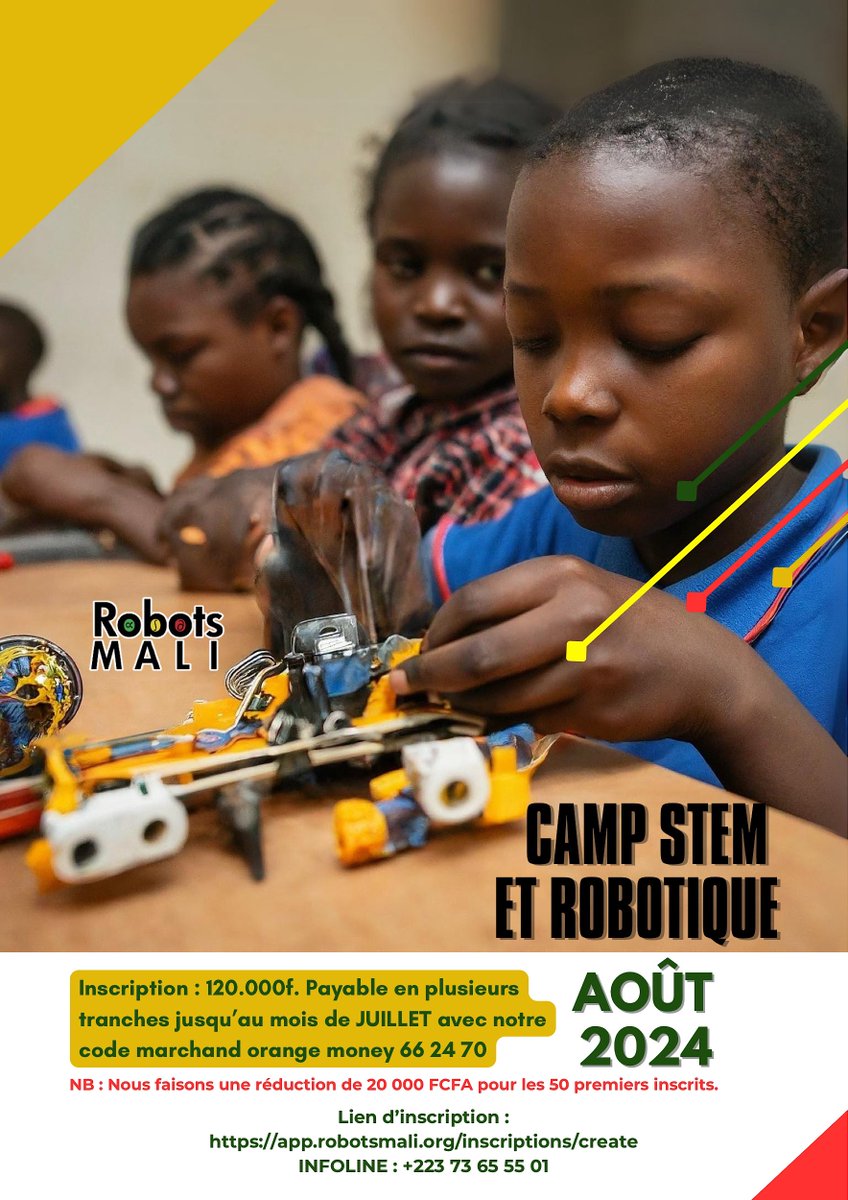 ROBOTSMALI1's tweet image. Les inscriptions pour notre camp STEM et robotique sont ouvertes ! Devenez nos futurs champions !! 🤩

Lien d&apos;inscription : app.robotsmali.org/inscriptions/c…

INFOLINE : +223 73 65 55 01

#robotique #robotsmali 🇲🇱