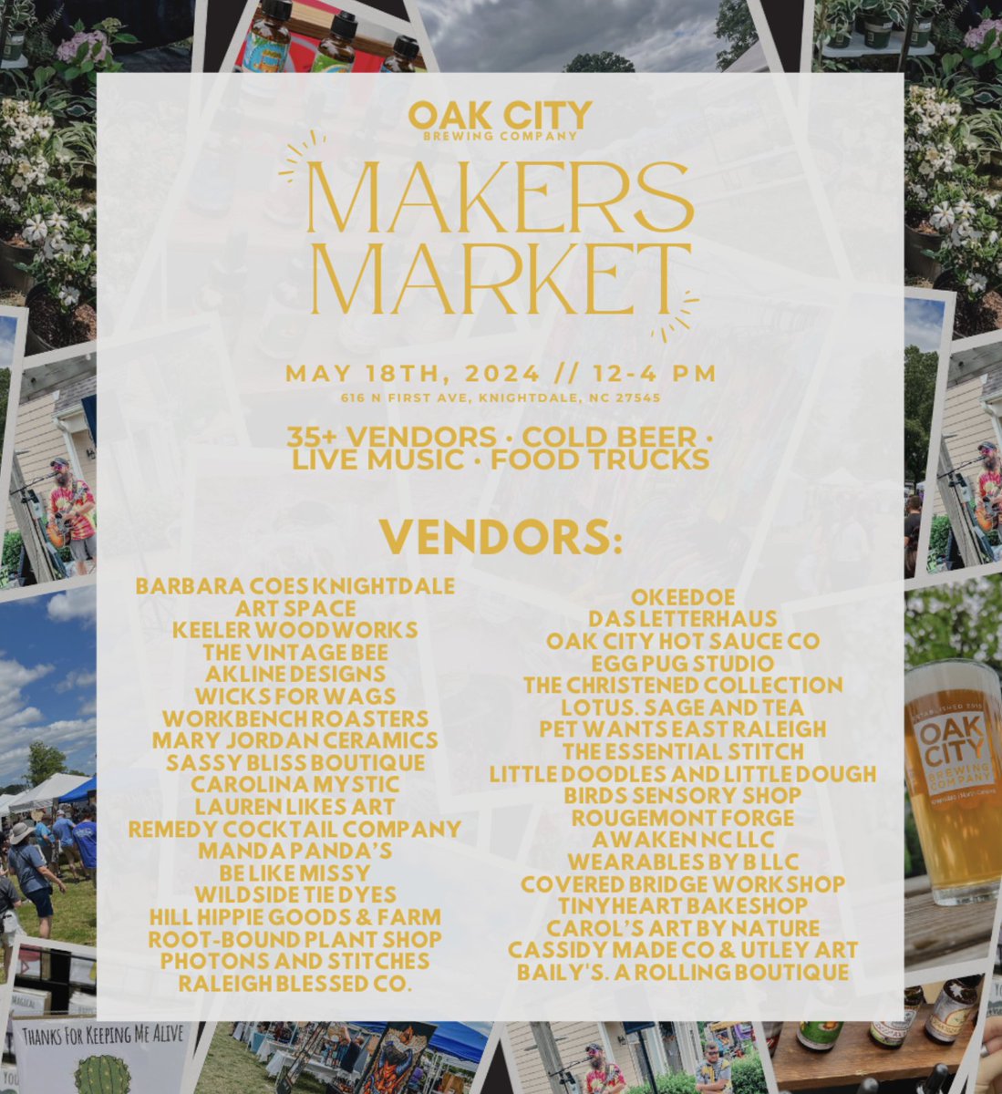 Get ready for a Saturday afternoon full of cold beer, shopping, good eats & live music at our Spring Makers Market!
.
Join us this Saturday from 12-4 PM to support 35+ amazing vendors, enjoy tasty treats & listen to live music on the patio!
.
#OakCityBrews #knightdale #ncbrewery