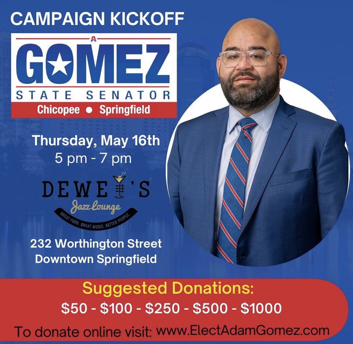 Join us TONIGHT at Dewey’s for our Campaign Kickoff! #ElectAdam #TeamGomez #mapoli