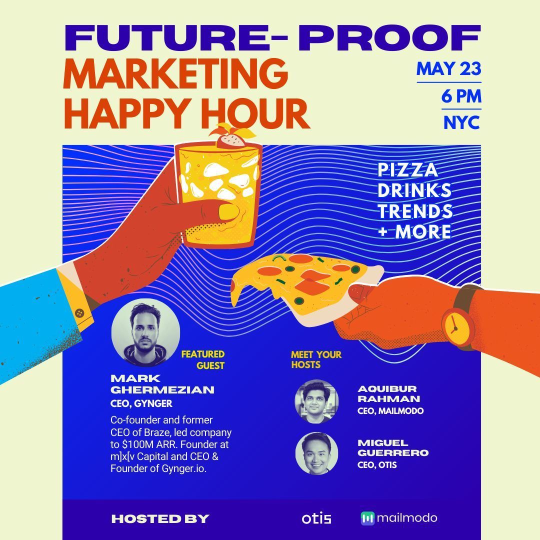 We're inviting founders &amp; marketing leaders to join us for a happy hour event w/ Mark G. (Braze founder), Aquibur (Mailmodo CEO), &amp; Miguel (Otis CEO). Discuss the latest trends in marketing, &amp; exchange insights over drinks, food &amp; the NYC rooftop sunset 👇 lu.ma/ipy0qcmk
