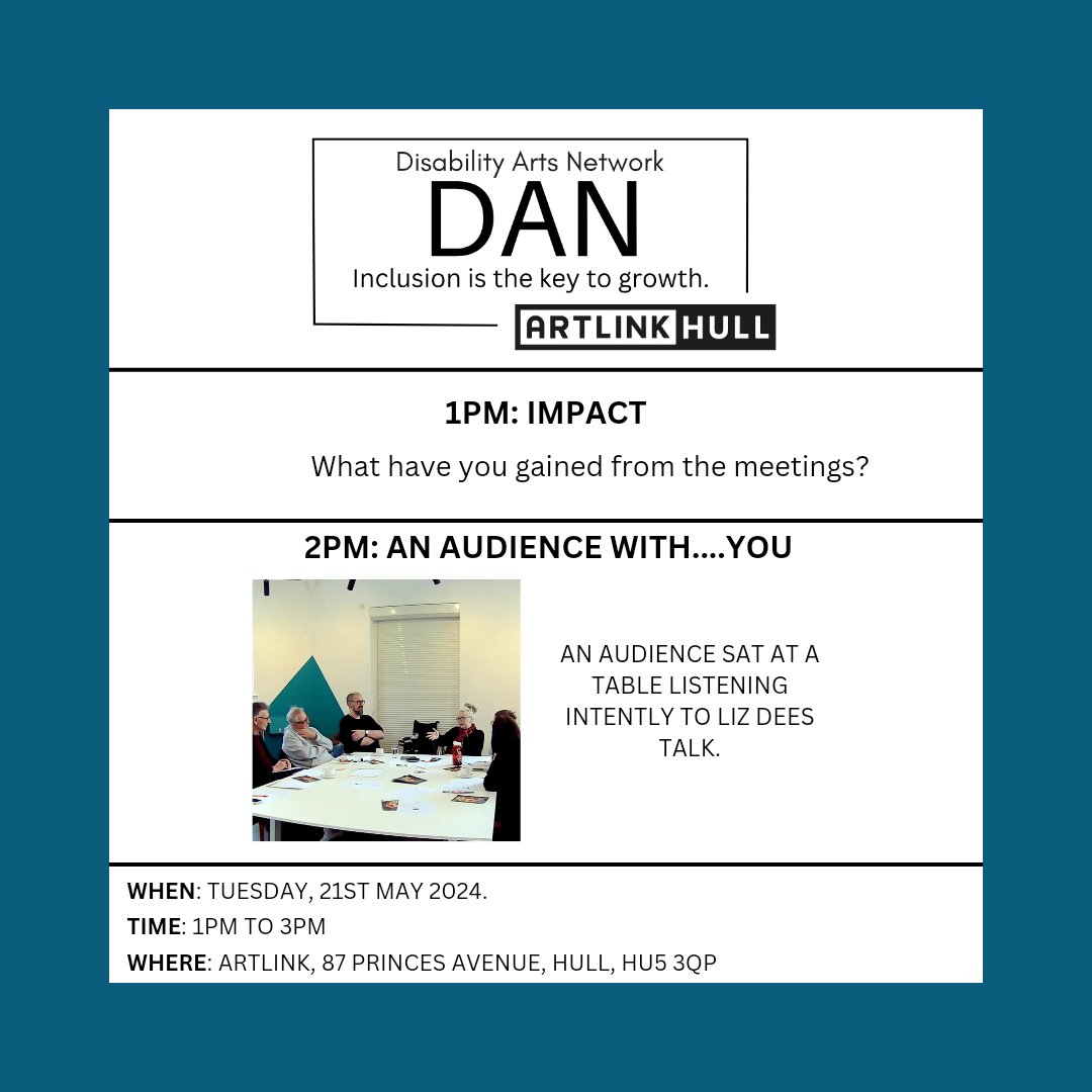 Join us for the next edition of the Disability Arts Network (DAN) on Tuesday May 21st 2024 at 1pm to 3pm! To register your place please click here: loom.ly/-dhfbUM