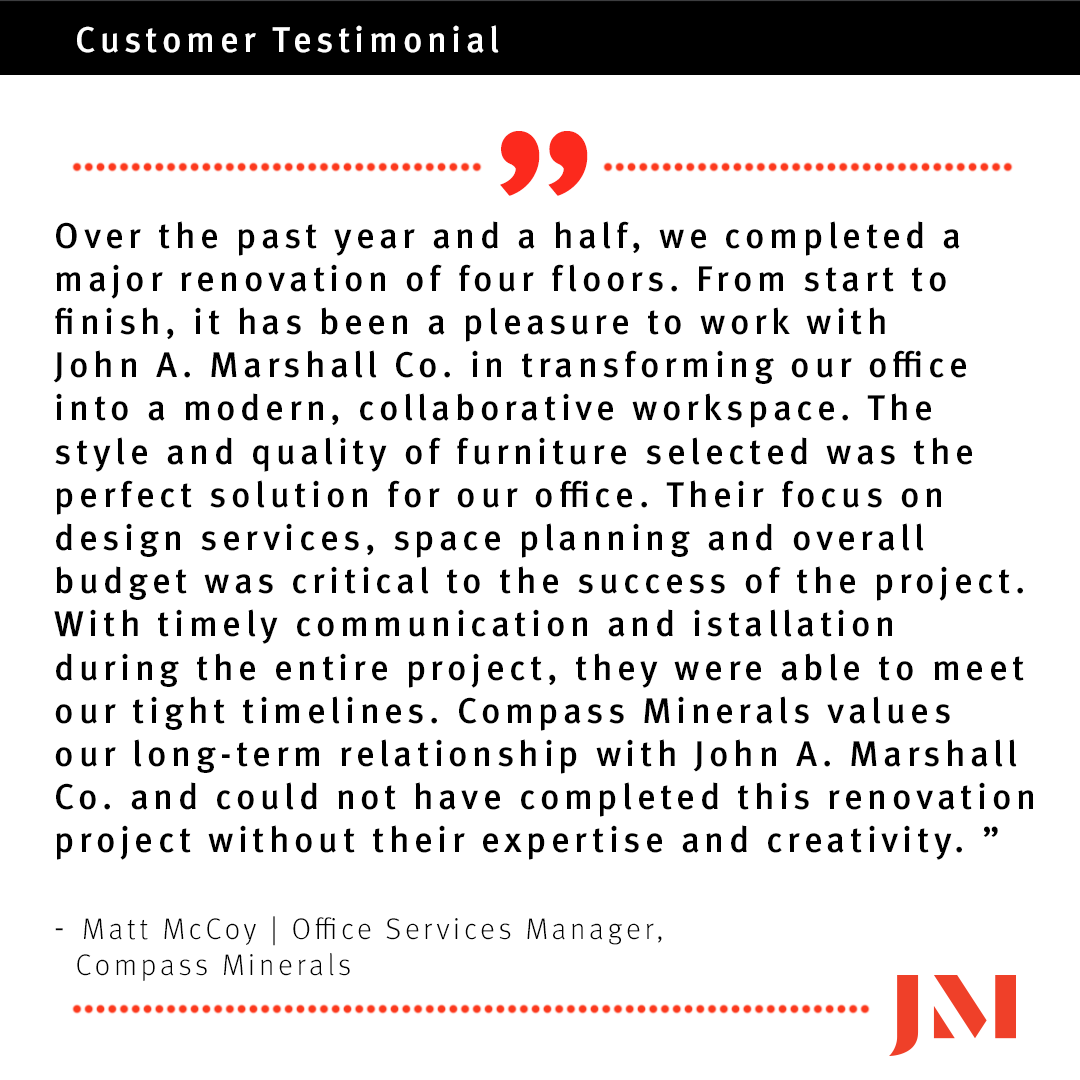 Looking back at previous projects and how well they were received by our clients brightens our day! Here’s a look at   @compassminerals. jamarshall.com/projects/compa…

#johnamarshallco #compassminerals #JAMCOsuccessstories #officefurniture #workplacedesign #hermanmiller
