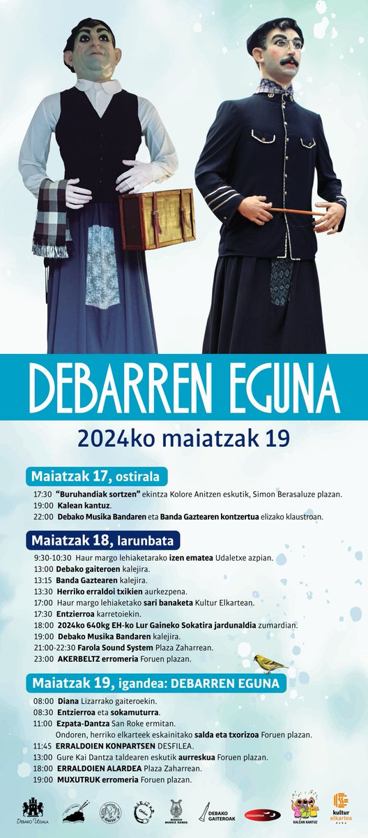 🎉DEBARREN EGUNA 2024🎉

Ostiralean, 22:00tatik aurrera kontzertua eskainiko dugu elizako klaustroan (🌧️ eliza barruan) banda gazteko musikariekin batera!

Larunbatean, 19:00tatik aurrera herriko kaleetan zehar ibiliko gara abesti ezberdinak eskainiz!💃🏻🥁🪇

Animatu zaitezte🥳🥳