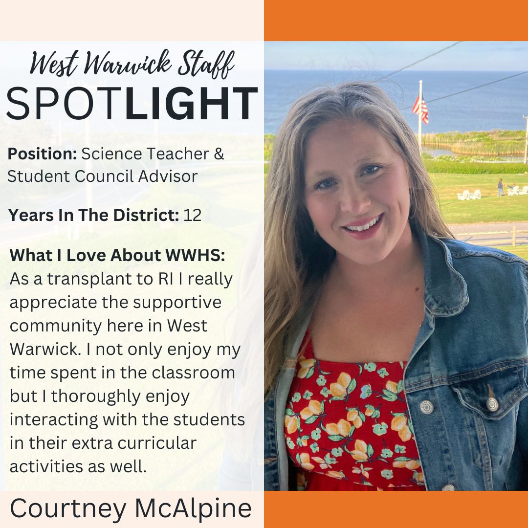 Mrs. McAlpine was chosen to be our next WWHS Staff Spotlight! A fun fact about Mrs. McAlpine is that she has been skydiving before! We are so appreciative of everything Mrs. McAlpine does here at West Warwick. Thank you for being a Wizard!! 🧙🧡🖤 #StaffSpotlight #WWHS