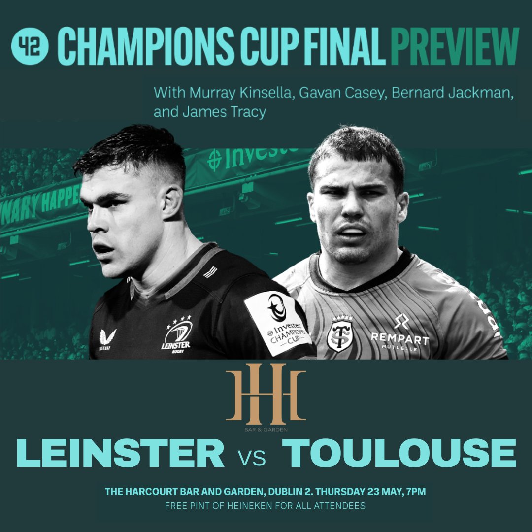Harcourt Bar & Garden (@harcourtbar) on Twitter photo Come check out our Champions Cup Final Preview next Thursday 23rd May with <a href="/The42_ie/">The42.ie</a> ! 🏉
Great panel featuring <a href="/jamestracy02/">James Tracy</a> , <a href="/bernardjackman/">Bernard Jackman</a> , <a href="/GavanCasey/">Gavan Casey</a> , <a href="/Murray_Kinsella/">Murray Kinsella</a>
#rugby #rugbypodcast #rugbypanel #dublinevent #sport
Tickets 👇🏽👇🏽
eventbrite.ie/e/the-42-champ… Come check out our Champions Cup Final Preview next Thursday 23rd May with <a href="/The42_ie/">The42.ie</a> ! 🏉
Great panel featuring <a href="/jamestracy02/">James Tracy</a> , <a href="/bernardjackman/">Bernard Jackman</a> , <a href="/GavanCasey/">Gavan Casey</a> , <a href="/Murray_Kinsella/">Murray Kinsella</a>
#rugby #rugbypodcast #rugbypanel #dublinevent #sport
Tickets 👇🏽👇🏽
eventbrite.ie/e/the-42-champ…