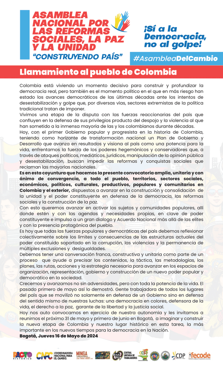 #AsambleaDelCambio #Llamamiento Llamamiento por la Asamblea Nacional por las Reformas Sociales, la Paz y la Unidad en Colombia - Bogotá 31 de mayo y 1 de junio.