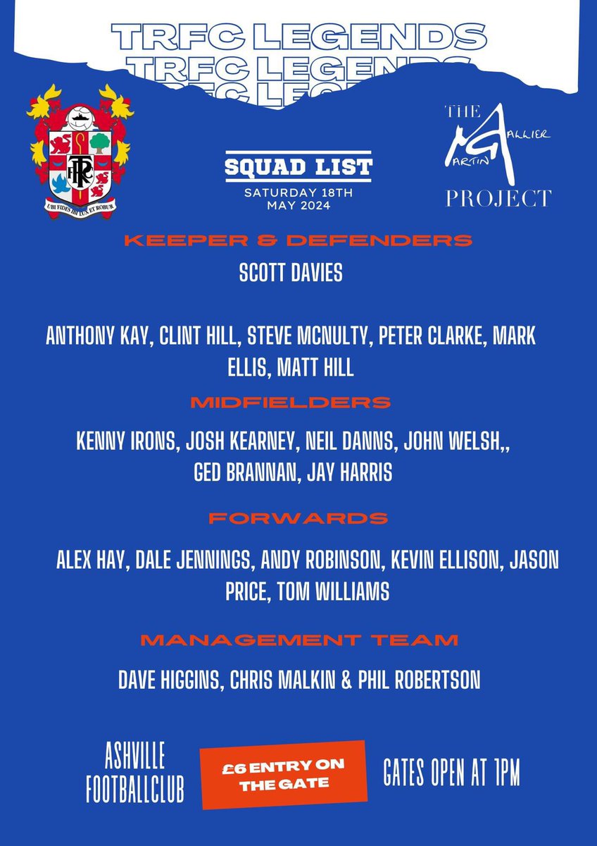 Here is your full squad list for this coming Saturday 🤩🤩🤩

Who are you looking forward to seeing the most?

Don't forget you can pay on the gate and donate on the link below 👇👇

justgiving.com/page/trfclegen…

#SWA #TRFC