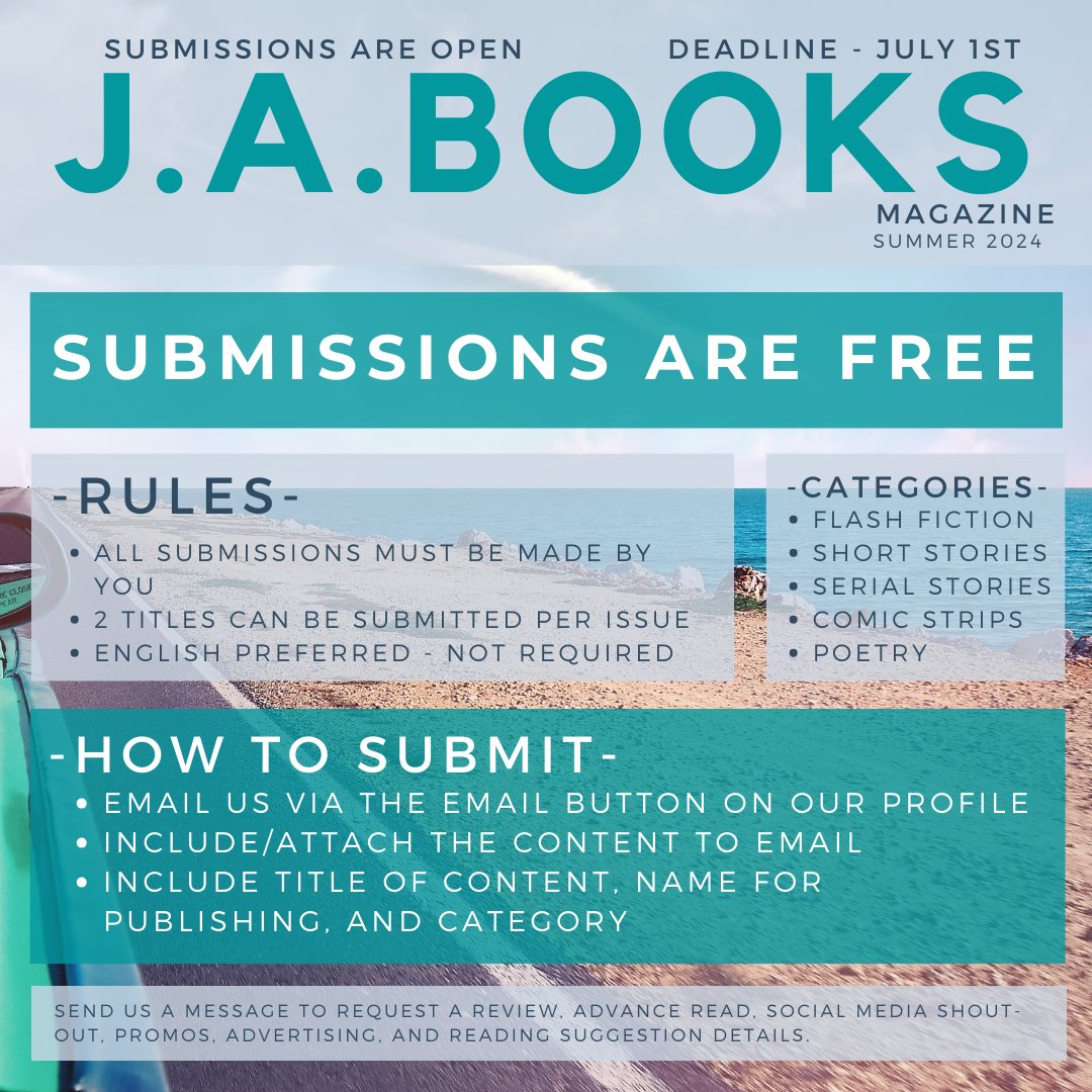 Our Free Submissions are open. 
Deadline is July 1st. 

Categories are #comics #shortstory #poetry / #poems #flashfiction #serialstories and #cartoon strips.

Visit our website for more details. 
 
#writer #writingcommunity #writersofig #writersofinsta #writing #summer #free