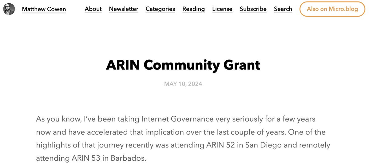 Thanks to past ARIN Fellow Matthew Cowen for spreading the word about the ARIN Community #Grant program (accepting applications for 2024 grants through 7 June)! Read and share his blog post encouraging project submissions: matthewcowen.org/2024/05/10/ari…

#grantfunding #researchgrant
